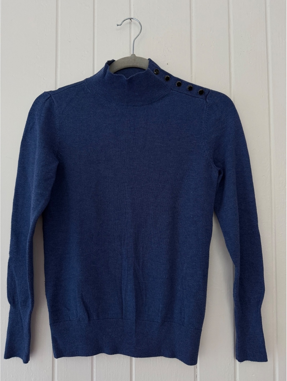 Ann Taylor Petite Blue Sweater with Button Shoulder Detail,